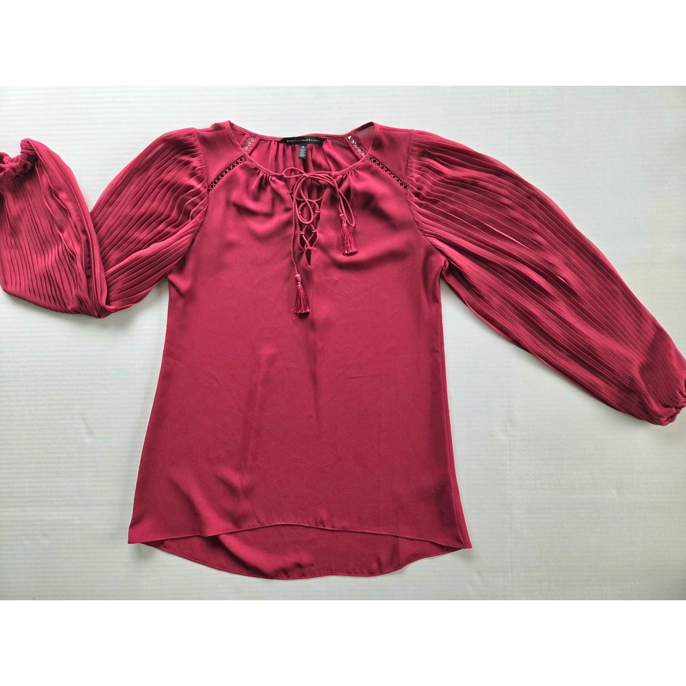 White House Black Market Pleated Sleeve Lace Up Tassel Blouse Pink Berry Size 10